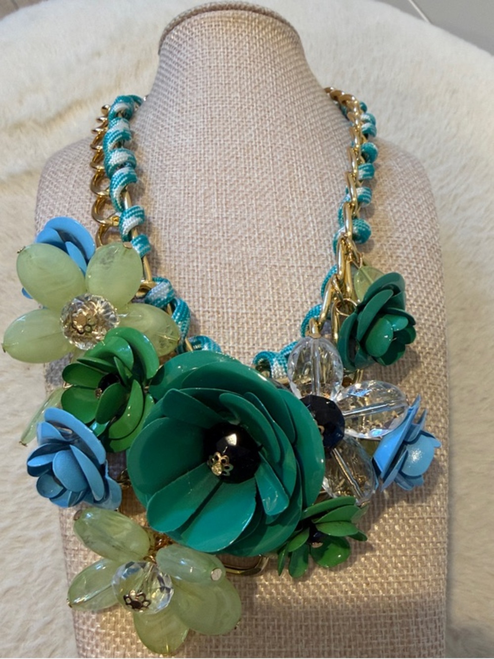 Emerald Green & Aqua Floral Statement Necklace - Picture 3 of 5